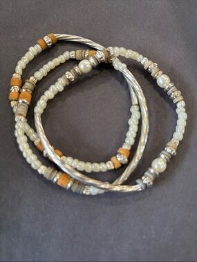Stackable Ivory Beaded and Silver Tone Women's Bracelet Set